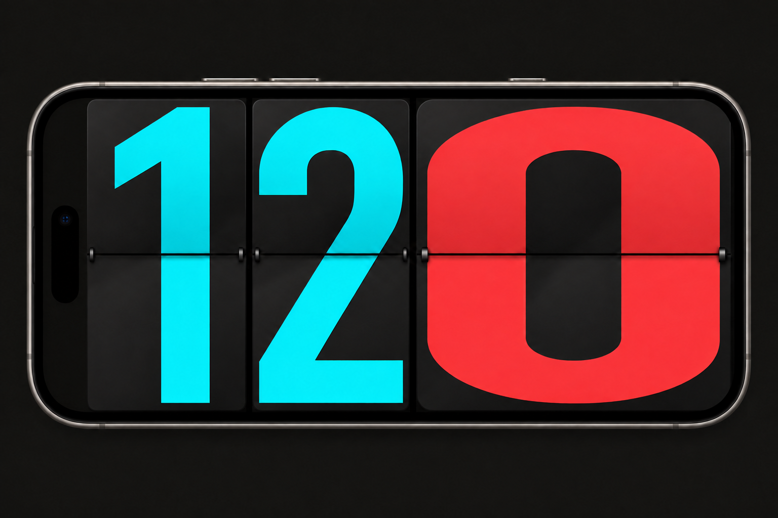 iPhone illustration in landscape showing PickupGamer’s cyan 12 and red 0 flip-board scores