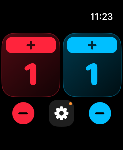 Current PickupGamer Watch app showing red and blue scores, large rectangular plus controls, circular minus controls, and a settings button